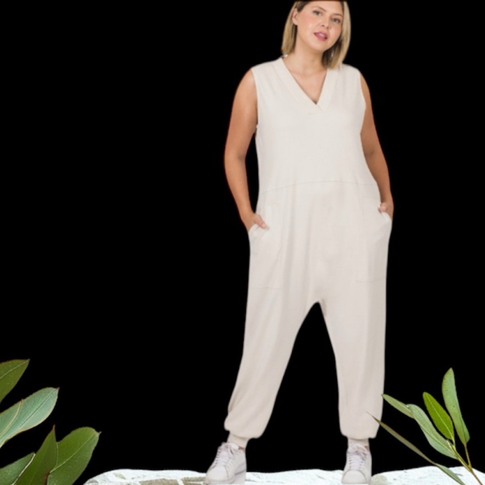 Zenana Solid Sleeveless Harem Jumpsuit - Size 3X